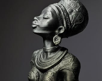 Metallic Black Afrocentric Figurine, Modern Sci-Fi African Goddess, Unique 3D Printed Home Decor