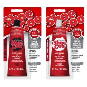 May include: Two tubes of Shoe Goo shoe repair and protective coating. One tube is black, the other is clear. Each tube contains 3.7 fl oz (109.4 mL) of the product. The packaging is red and white with the Shoe Goo logo.