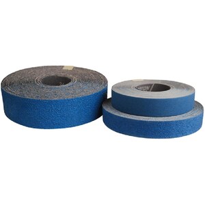 May include: Three rolls of blue abrasive sanding belts of varying widths and diameters. Each roll features a textured, gritty surface on the exterior and a smooth, dark interior core. The rolls are arranged in a cluster, showing their cylindrical shape.