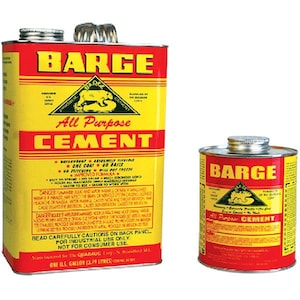 May include: Two cans of Barge All Purpose Cement. The larger can is a gallon size, and the smaller can is a pint size. Both cans are red and yellow with black text and a logo.