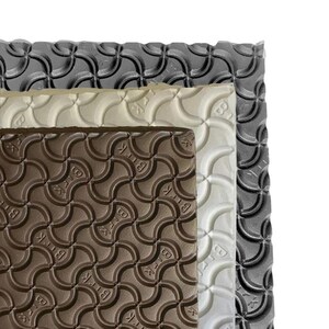 May include: A layered image displaying textured materials in grey, beige, and brown. Each layer has a repeating pattern of interlocking shapes, with the brand name "BIRK" subtly embossed. The materials appear durable, possibly for footwear. Measurements are not visible.