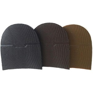 May include: Three semi-circular rubber shoe sole replacements in black, dark brown, and light brown. Each piece features a textured grid pattern across the surface and a horizontal embossed line across the middle for grip and durability.