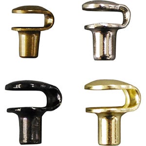 May include: Four metal shelf supports in gold, silver, black, and brass. Each support has a curved top and a cylindrical base, designed for holding shelves. The supports are shown against a white background.