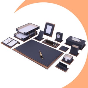 Luxe leer - walnoothouten bureauset - 14-delige premium kantooropberger - aangepaste gravure - directiecadeau - moderne bureauset