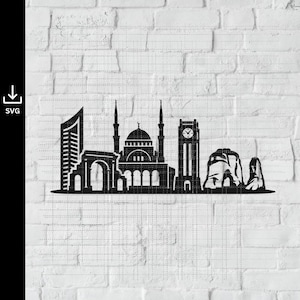 Può includere: Silhouette nera di uno skyline cittadino, con un grattacielo, un arco, una moschea con minareti, una torre dell'orologio e formazioni rocciose. Icona di download SVG in alto a sinistra.