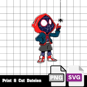 May include: A cartoon illustration of Miles Morales, also known as Spider-Man, wearing a red hooded sweatshirt, black and blue suit, and red and black sneakers. He is holding a web shooter in his right hand and looking to the right. A black spider is hanging from a web above him.