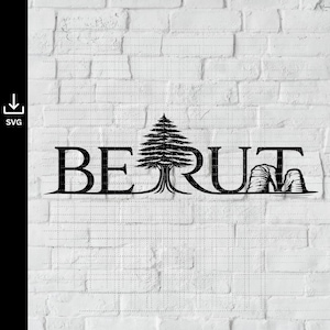 May include: Black metal cutout spelling "BEIRUT", with a cedar tree incorporated into the "R" and a depiction of the Raouché rocks. The design is set against a white brick wall.