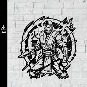 May include: A black and white graphic illustration of a masked ninja warrior holding a kunai blade attached to a chain. The figure is positioned in front of a circular emblem featuring stylized flames and the Japanese kanji characters for fire.