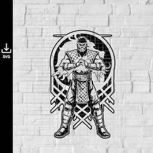 May include: A black and white graphic illustration of a masked ninja character in a fighting stance, centered within a circular frame. The design features intricate line work, armor details, and a stylized dragon emblem background element.