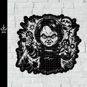 May include: A black and white graphic illustration of a doll with messy hair, wearing overalls with the text Good Guys printed on the chest. The doll holds a large knife in one hand and reaches forward with the other, surrounded by gear motifs.