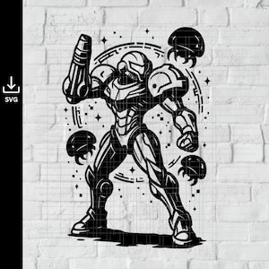 May include: Black and white illustration of a futuristic armored figure, holding a large weapon. The figure is surrounded by stylized elements and stars, set against a brick wall background. The image is a digital graphic.
