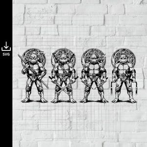 Puede incluir: Una ilustración digital en blanco y negro que muestra a cuatro tortugas antropomórficas de pie en fila, cada una sosteniendo un arma diferente y usando una máscara. Cada tortuga está colocada frente a un emblema circular, con las letras D, L, R y M en sus cinturones.