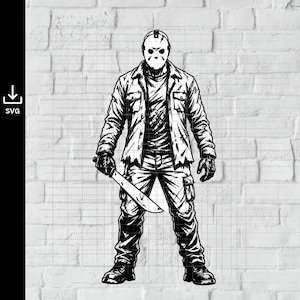 May include: A black and white graphic illustration of a figure wearing a hockey mask and a button-down shirt, holding a large machete in the right hand. The design features detailed cross-hatching and shading, presented as a digital SVG file.