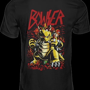 Design t-shirt premium, file PNG 300dpi, design t-shirt Mario, immagine termoadesiva, stampa DTF, camicia nera, bowser, super Mario digitale, vettore Mario