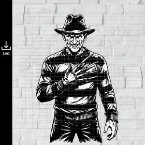 May include: A black and white graphic illustration of a character wearing a fedora hat and a striped sweater. The character has a menacing grin and a glove with long, sharp blades attached to the fingers. The design is presented as a digital file.