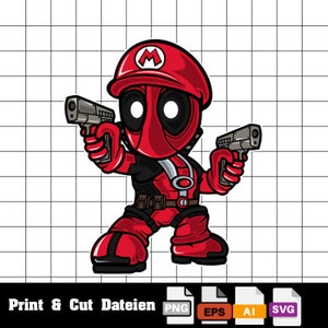 May include: A cartoon illustration of a red and black superhero character wearing a red hat with a white letter M. The character is holding two guns and has a serious expression on their face.