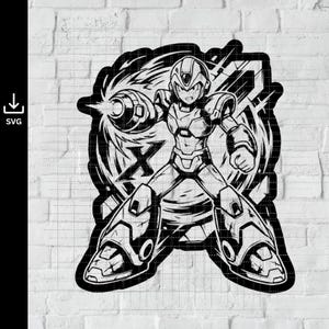 May include: Black and white illustration of a futuristic robot character, firing a blast from its arm cannon. The character is in a dynamic pose, surrounded by stylized energy effects. The design is bold and graphic, suitable for digital art or print.
