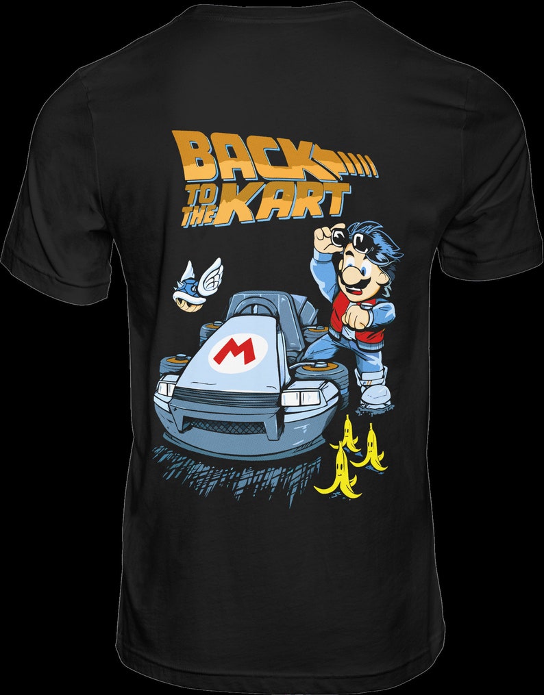 May include: Black t-shirt with a graphic of Mario in a futuristic kart, with the text "Back to the Kart" in gold lettering.