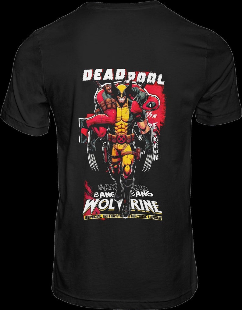 Puede incluir: Camiseta negra con un gr&aacute;fico de c&oacute;mic de Wolverine cargando a Deadpool. El dise&ntilde;o incluye las palabras "DEADPOOL" y "WOLVERINE" en blanco y amarillo, con texto adicional en rojo y amarillo. La camiseta es de "THE COMIC LEAGUE".