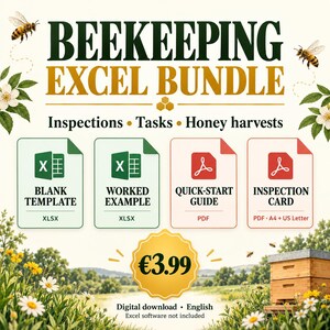 May include: A digital beekeeping Excel bundle featuring a blank template, worked example, quick-start guide, and inspection card. The graphic includes illustrations of bees and flowers, with text reading BEEKEEPING EXCEL BUNDLE, Inspections, Tasks, Honey harvests, and Digital download, English.