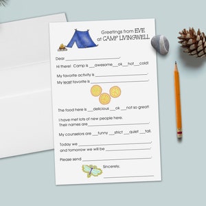 Personalized Fill-in-the-Blank Camp Stationery | Peace, Dragonfly, Tent Camp Notes | Custom Notes from Camp | Kids Letter Writing Sets