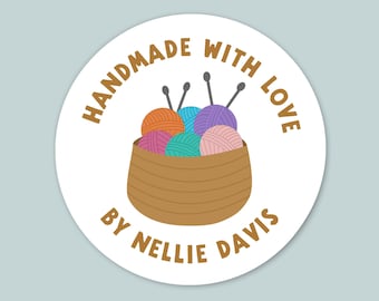 Pegatinas de punto y crochet: Etiqueta de regalo redonda personalizada - Cesta de lana hecha a mano con amor