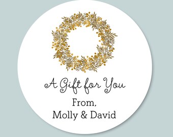Pegatinas de regalo personalizadas de corona rústica natural: etiquetas redondas navideñas personalizadas