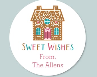 Pegatinas personalizadas de casa de jengibre para regalo: etiquetas navideñas redondas personalizadas