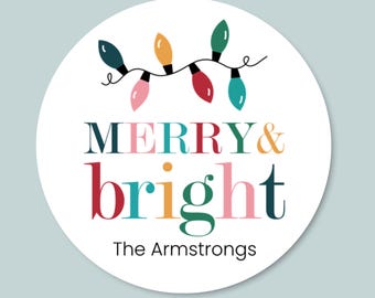 Pegatinas de regalo con luces navideñas personalizadas: etiquetas navideñas personalizadas alegres y brillantes