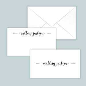 May include: Two white rectangular stationery cards and one matching white envelope. Each card features the name mallory jackson printed in a black cursive script font, with one card displaying the name at the top and the other at the center.