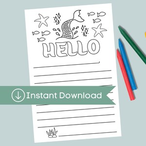 Páginas para colorir imprimíveis Sereia sob o mar | Imprimir de casa Página para colorir pautada para crianças | Atividade de download instantâneo para crianças