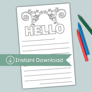 May include: A white rectangular stationery sheet featuring a black line art illustration of two monkeys at the top and the word HELLO in bold capital letters. The page includes horizontal lines for writing and is accompanied by four colored crayons.