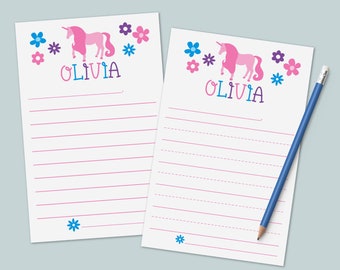 Personalized Unicorn Lined Letter Writing Paper for Kids | Unicorns and Flowers Stationery Set for Kids | Gift for Girls