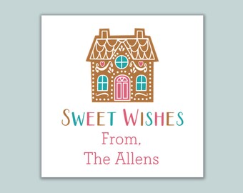 Pegatinas de regalo personalizadas de casitas de jengibre: etiquetas navideñas cuadradas personalizadas