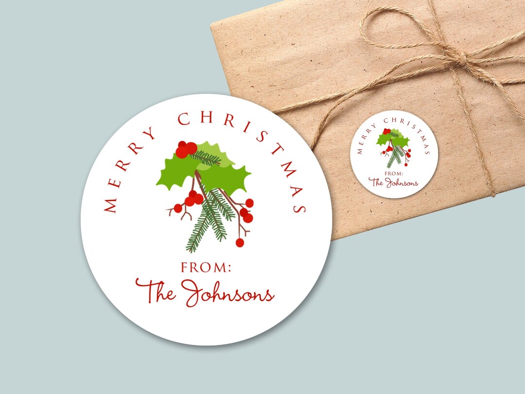 Round Gift Sticker Personalized Round Gift Stickers for Christmas | Holiday Holly Custom ...