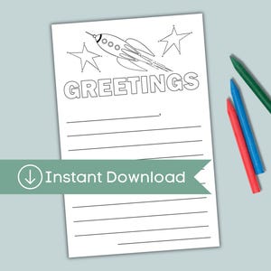 May include: A white rectangular stationery sheet featuring a black line drawing of a rocket ship and two stars at the top, with the word GREETINGS printed in bold capital letters below, followed by several horizontal lines for writing text.
