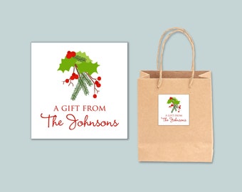 Personalized Gift Stickers for Christmas | Holiday Holly Custom Gift Label | Personalized Holiday Gift Tag | Square Holiday Gift Sticker