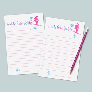 Personalized Snow Skiing Girl Note Paper | Lined Letter Writing Paper for Kids | Stationery Set for Kids | Gifts for Kids