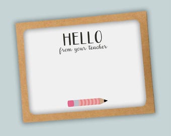 Teacher Hello Note Cards – Pink Pencil Design, Set of 12 Stationery
