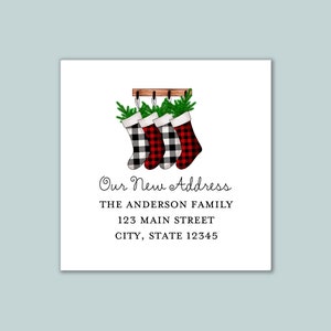 Personalized New Address Sticker | Buffalo Plaid Christmas Stockings Address Label | Holiday We've Moved Custom Moving Announcement Sticker