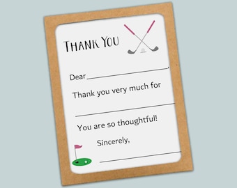Kids Pink Golf Fill-In Thank You Cards – Set of 12 with Envelopes