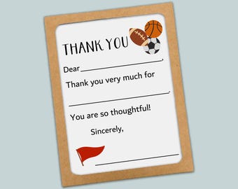 Kids Sports Thank You Cards, Fill-in Notes with Envelopes (Set of 12)