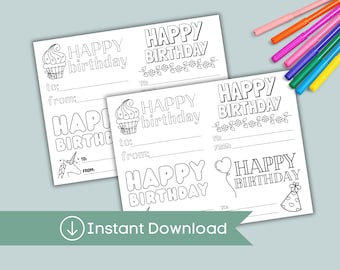 May include: Two white sheets of paper featuring black and white line art for coloring, with the text Happy Birthday, cupcake, flower, unicorn, heart, and party hat illustrations, accompanied by a set of colorful felt-tip pens in the corner.