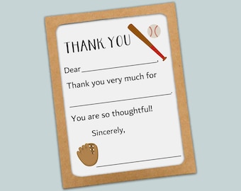 Kids Baseball Thank You Cards: Fill-In Note Cards with Envelopes