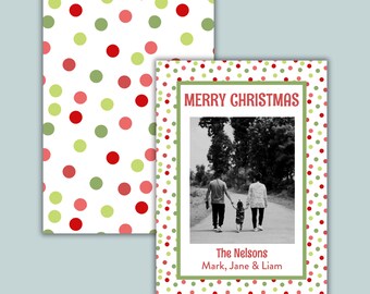 Custom Christmas Photo Card | Red Green Polka Dot Holiday Greeting (5"x7")