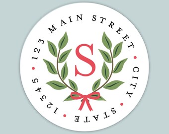 Etiquetas de dirección redondas personalizadas con corona de laurel navideña