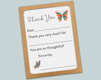 Kids Thank You Cards: Butterfly Design - Fill-in-the-Blank Set