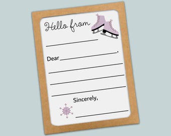 Kids Ice Skating Note Cards: Hand Drawn Snowflakes, Lined Writing Templates