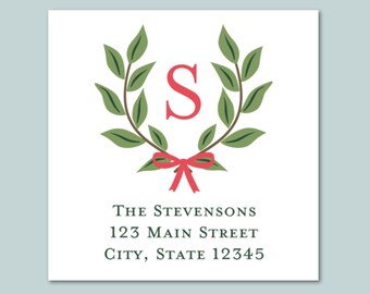 Etiquetas de dirección cuadradas personalizadas con corona de laurel navideña