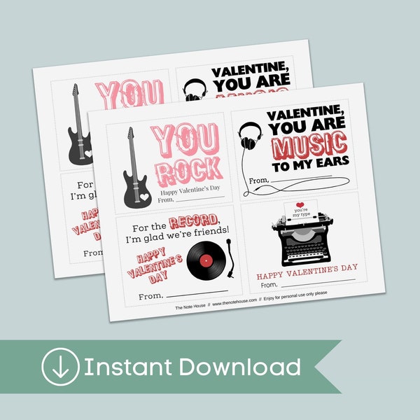 Printable Valentine's Day Cards for Kids | Instant Download | Retro | Print from Home Guitar, Headphones, Record Player, Typewriter